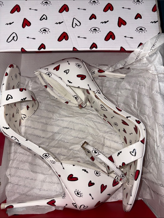 Aldo Shoes - Aldo - White Ankle-Strap Heels with Red & Black Eye doodle- Heart Print -Size 11